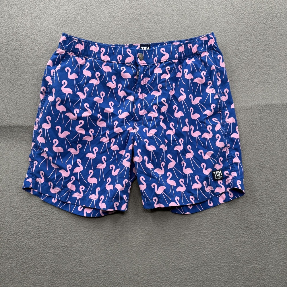 Tom & Teddy Swim Shorts Mens XL Blue Flamingo Print Trunks Lined Quick Dry Beach